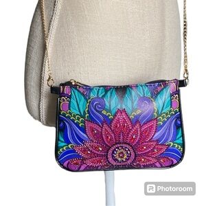 Artificial Diamond Art CrossBody Handbag Mandala Design PU Leather Chain Strap